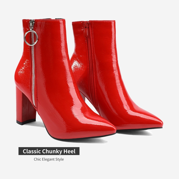 Chunky High Heel Ankle Boots - RED PAT - 4
